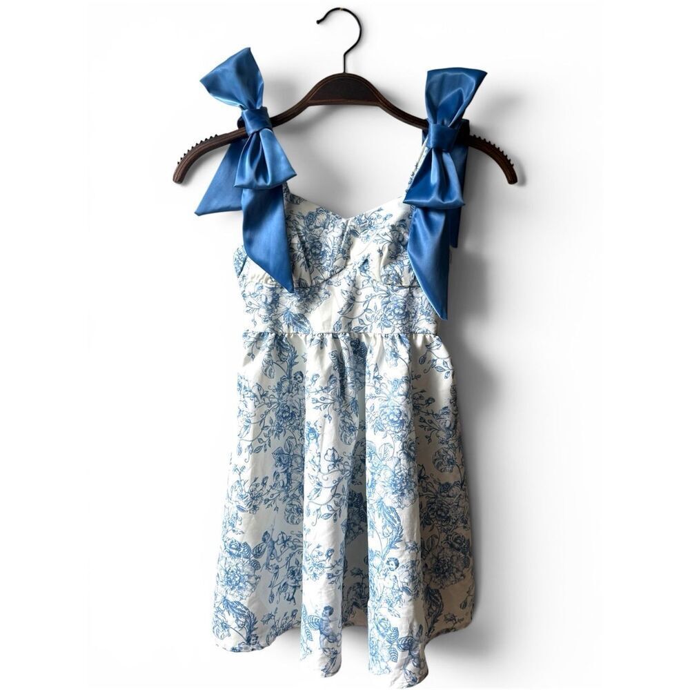SHEIN Girls Size 8 Blue Toile Bow Dress Coquette Cottagecore Party Dress